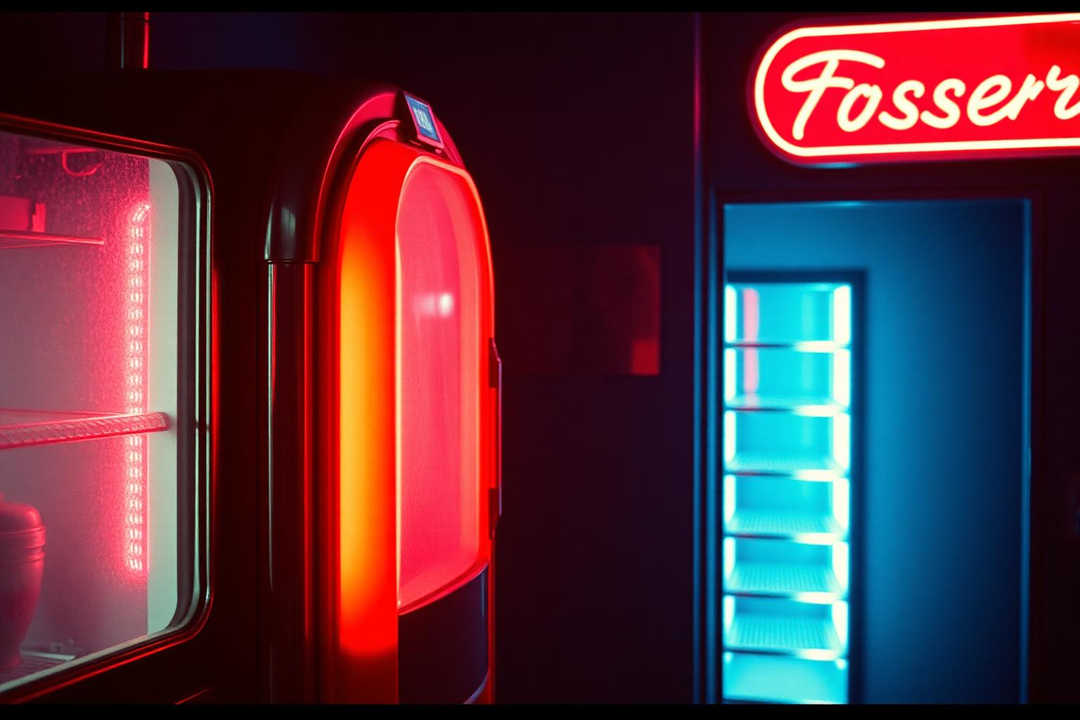 Vintage chrome freezer cabinet glowing in red and blue neon