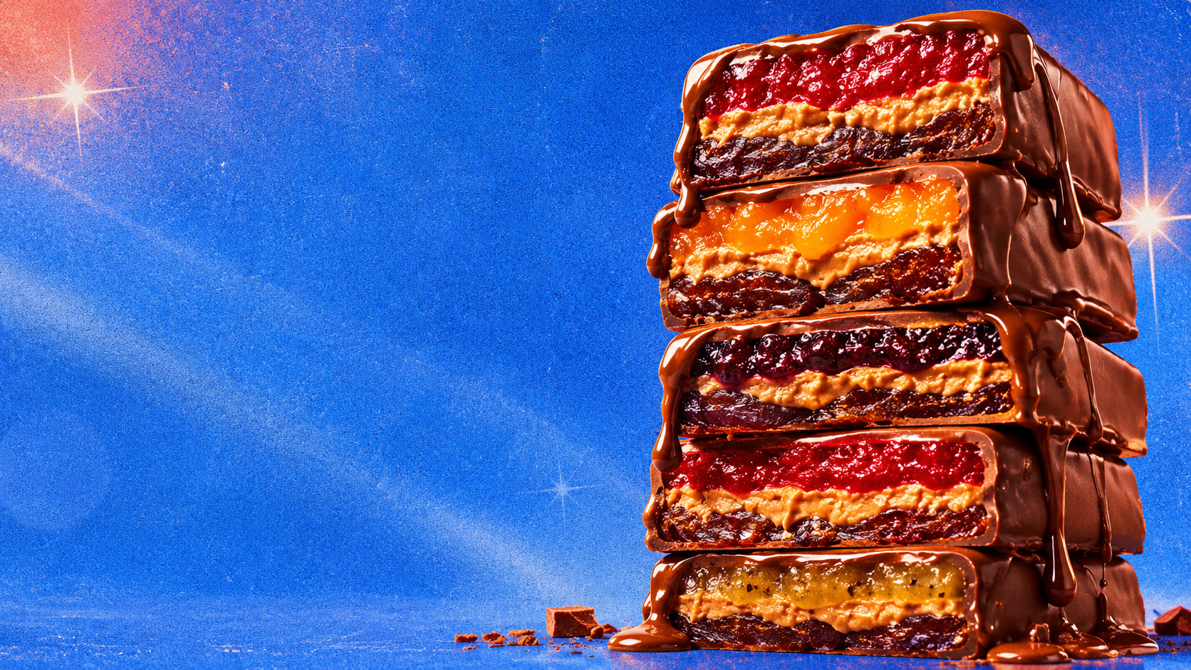 Stack of frozen date bark slabs layered with peanut butter, strawberries, mango, blueberries and bananas, coated in dark chocolate with drips, on a cobalt blue backdrop